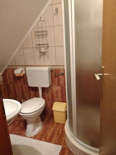 a small bathroom with a toilet and a shower at House Nina in Poljanak