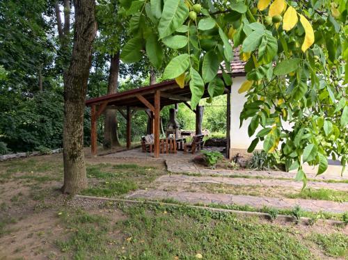 a pavilion with a table and chairs under a tree at Hotel Окремий Будинок-Апартаменти in Rakoshyno