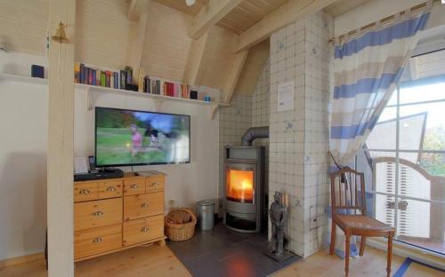 a living room with a tv and a fireplace at Dat Onnens Hus - Nordisch mit Herz in Dorum-Neufeld