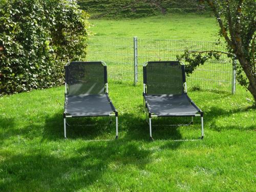 two chairs sitting in the grass in a yard at Ferienwohnung Aletsee in Pfronten