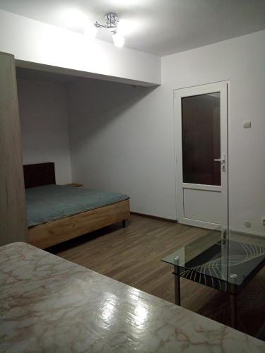 ein leeres Zimmer mit einem Bett und einem TV in der Unterkunft Garsoniera Angelica in Sulina