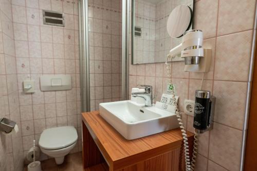 a bathroom with a sink and a toilet and a mirror at Cityhotel Trumer Stube in Salzburg