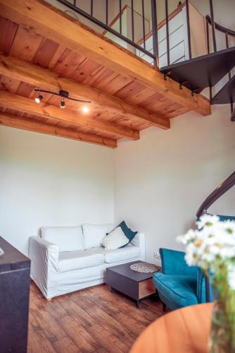 a living room with a white couch and a blue chair at Zimna Apartments in Kwidzyn