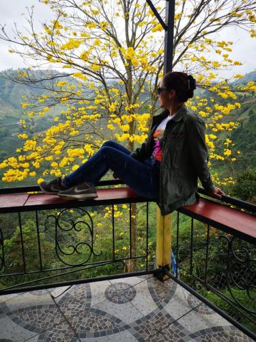 a woman sitting on a bench on top of a mountain at Finca Campestre Villa del Campo in Santa Rosa de Cabal