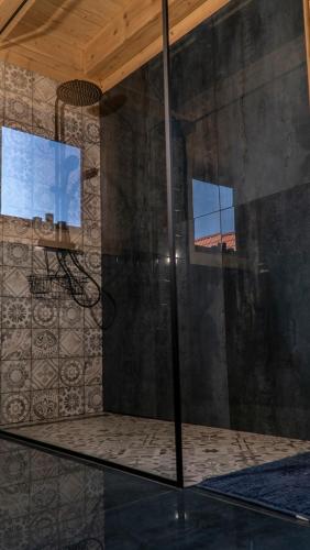 a shower in a room with a glass wall at Apartament Sasinowe Zacisze in Sasino