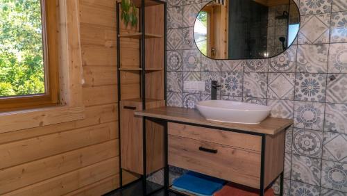 a bathroom with a sink and a mirror at Apartament Sasinowe Zacisze in Sasino