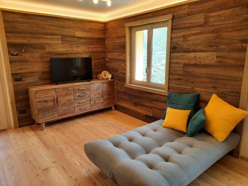 a living room with a couch and a television at CasAmici in Bognanco