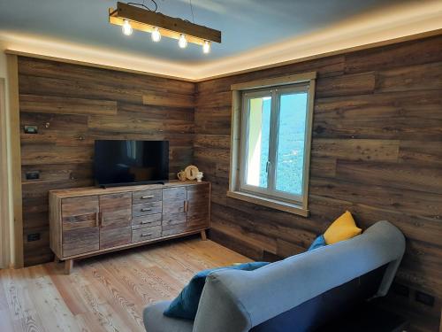 a living room with wooden walls and a tv and a couch at CasAmici in Bognanco