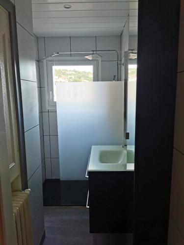 une petite salle de bain avec un lavabo et une fenêtre dans l'établissement Velay cocon appartement 4 chambres avec vue sur les monuments, au Puy-en-Velay
