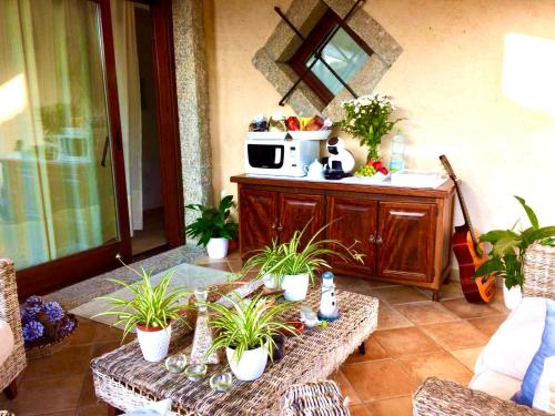 a patio with a table with potted plants on it at Villa Franci in Santa Teresa Gallura