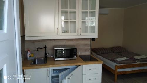 kuchnia z blatem z kuchenką mikrofalową i łóżkiem w obiekcie Bamboo Apartman w Siófoku