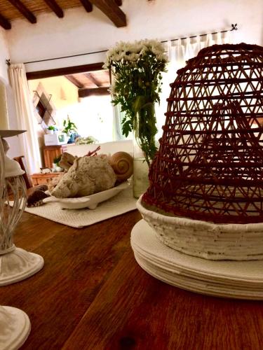 a table with a bird cage on top of a table at Villa Franci in Santa Teresa Gallura