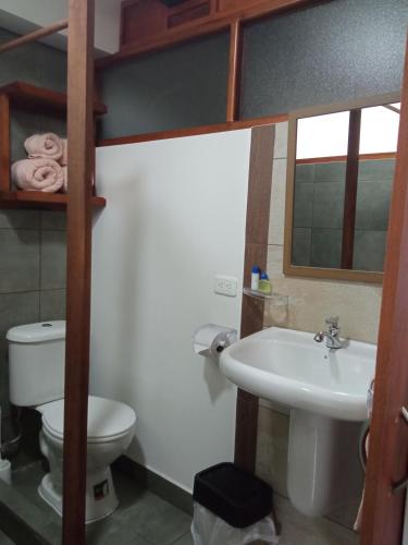 a bathroom with a toilet and a sink at Hospedaje Wiruyana in Cotacachi