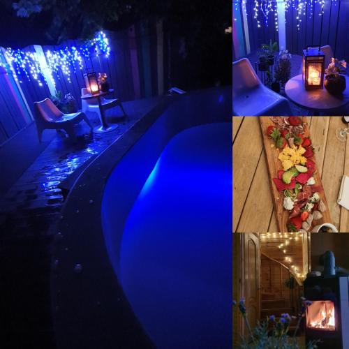 a pool with blue led lights in a yard at Kaimo turizmo sodyba Geras in Leliūnai
