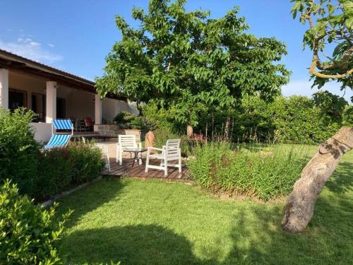 um quintal com cadeiras, uma mesa e uma árvore em Countryside villa in Sardinia em Triei