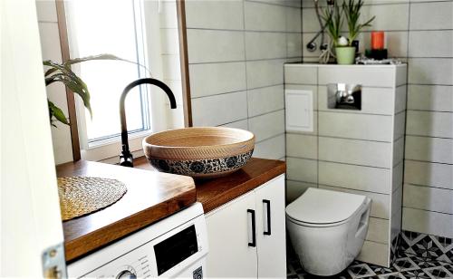 mała łazienka z umywalką i toaletą w obiekcie Kärdla Vabaduse Holiday Apartment with Garden w mieście Kärdla