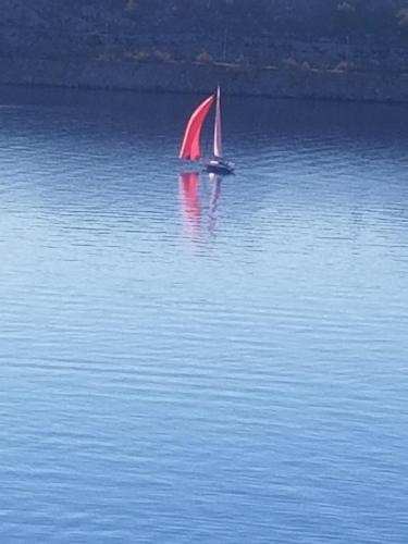a small boat with a red sail in the water at Primavera in Omišalj