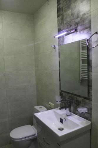 a bathroom with a sink and a toilet and a mirror at Milky Way in Stepantsminda