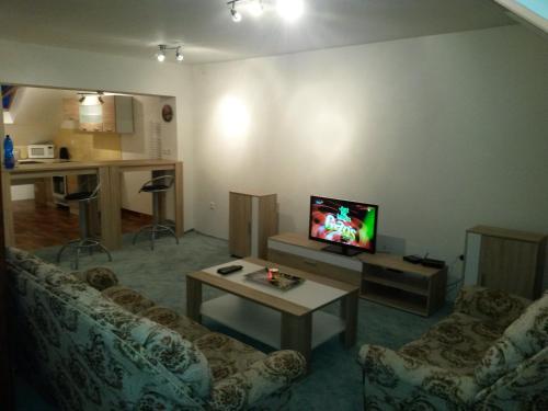 a living room with a couch and a table with a tv at Villa Jakubov in Malacky