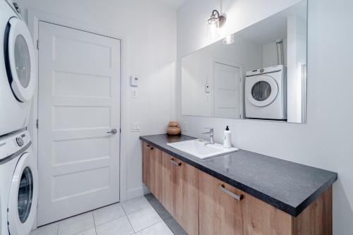 a bathroom with a sink and a washing machine at Condo Old Quebec - Gym - AC - Indoor Parking - Rooftop in Quebec City