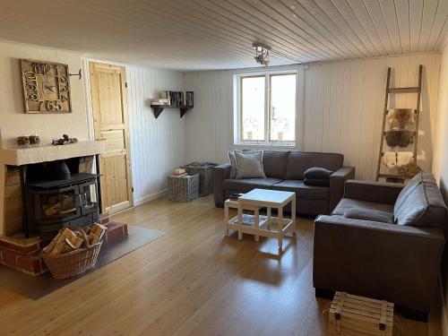 a living room with a couch and a fireplace at Swedish Adventure in Brograngen