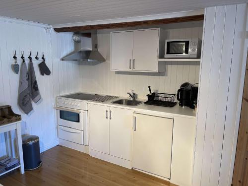 a kitchen with white cabinets and a sink and a microwave at Swedish Adventure in Brograngen