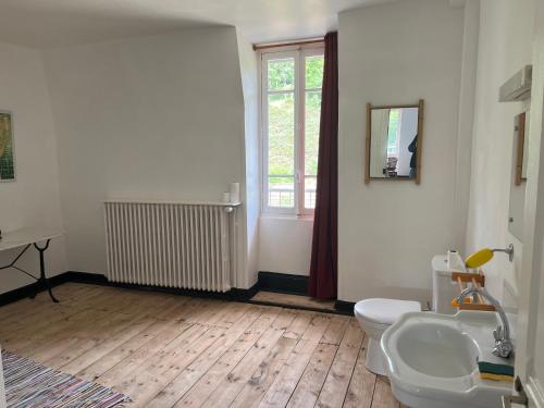 une salle de bain avec un lavabo et des toilettes et une fenêtre dans l'établissement L'Etoile Maison d'hôtes Demi-pension, à La Bastide-Puylaurent