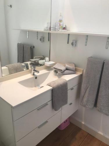 a bathroom with a sink and a mirror at LINDA PRAIA in Consolação