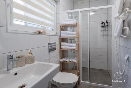 a bathroom with a sink and a toilet and a shower at Čiki Puki Pajūrys in Palanga