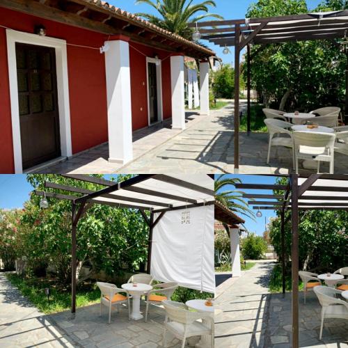 a group of four pictures of a table and chairs under an umbrella at Palma Sidari Corfu in Sidari