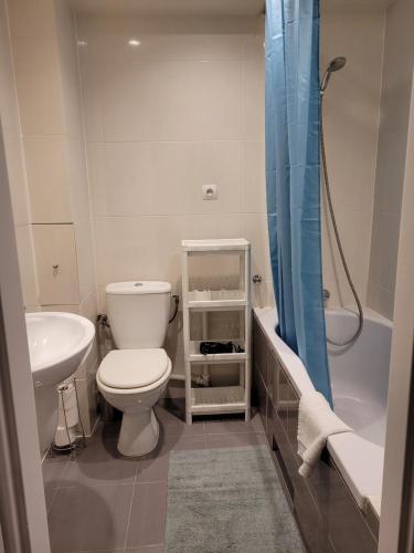 a bathroom with a toilet and a sink and a shower at Apartament City Center in Łańcut