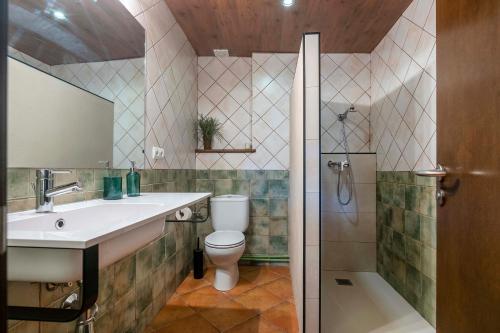 a bathroom with a sink and a toilet and a shower at Cal Carol in Vallcebre