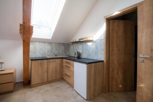 a kitchen with a sink and a skylight at Penzion v rodinném vinařství Kadubcovi in Lipov