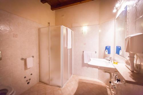 Hotel Alla Corte dei Bicchi في Cavriana: حمام مع دش ومغسلة
