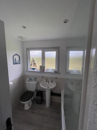 a bathroom with a sink and a toilet and two windows at 81 Hengar Manor in Bodmin