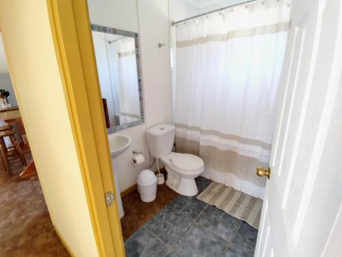 La salle de bains est pourvue de toilettes et d'un lavabo. dans l'établissement Cabañas Antukuyen ex Mawunko, à Quillón