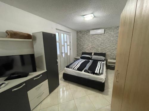 een slaapkamer met een bed en een flatscreen-tv bij Apartmani-joe in Podglavica