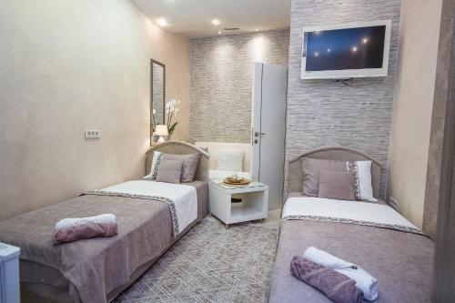 two beds in a room with a tv on a brick wall at Apartments Lidija in Petrovac na Moru