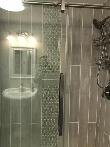 a bathroom with a shower with a person in it at Red Rock Motel and Dam Motel in Page