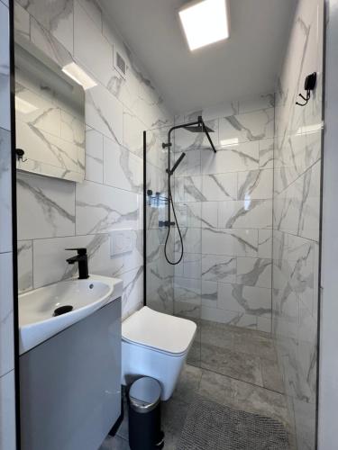 a bathroom with a shower and a toilet and a sink at S&M Villa Kolobrzeg in Kołobrzeg