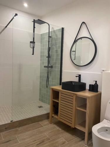 une salle de bain avec une douche, un lavabo et un miroir dans l'établissement Cassis centre, superbe appartement neuf, 50m port., à Cassis