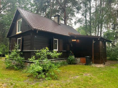 a small black house in the middle of a yard at Ranczo Wilkowyja in Wilkowyja
