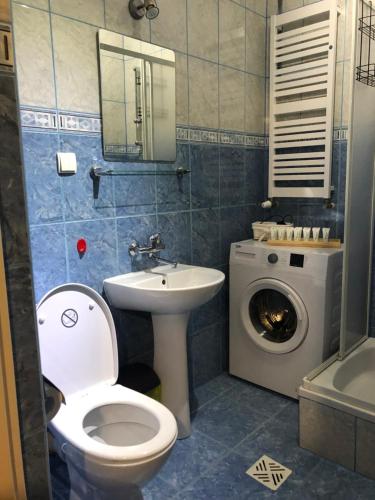 a bathroom with a toilet and a sink and a washing machine at Apartament KOMPAS in Świeradów-Zdrój