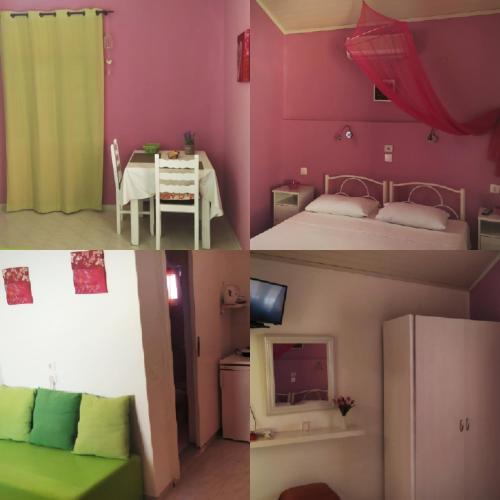 two pictures of a room with a bed and a table at Palma Sidari Corfu in Sidari