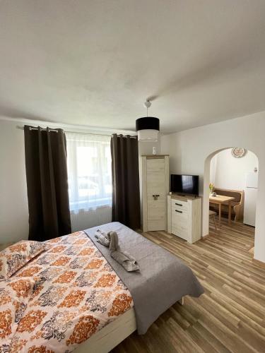 a bedroom with a bed and a desk and a television at La Mary in Old Town in Sibiu