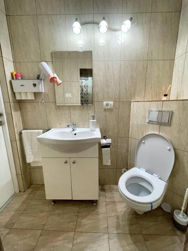 a bathroom with a toilet and a sink and a mirror at La Mary in Old Town in Sibiu