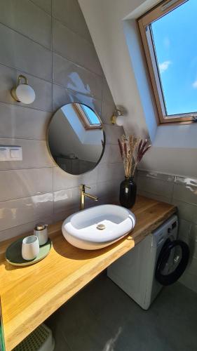 W łazience znajduje się umywalka i lustro. w obiekcie Martinus Vendégház w mieście Tagyon