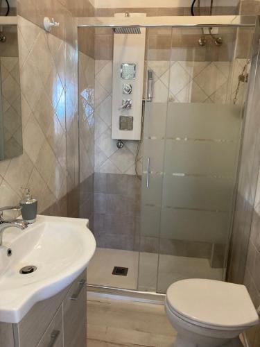 a bathroom with a shower and a toilet and a sink at Noemi Holiday House in Agnone Bagni