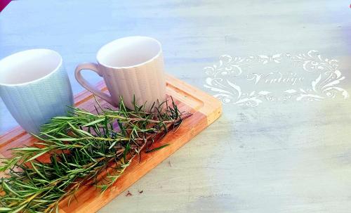 a wooden tray with two cups and plants on it at Odysseion Apartments in Vathi, Ithaka