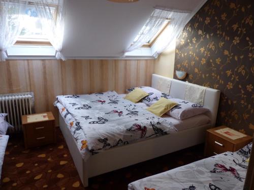 a bedroom with two beds and two windows at Apartmány Plischke in Lipova Lazne